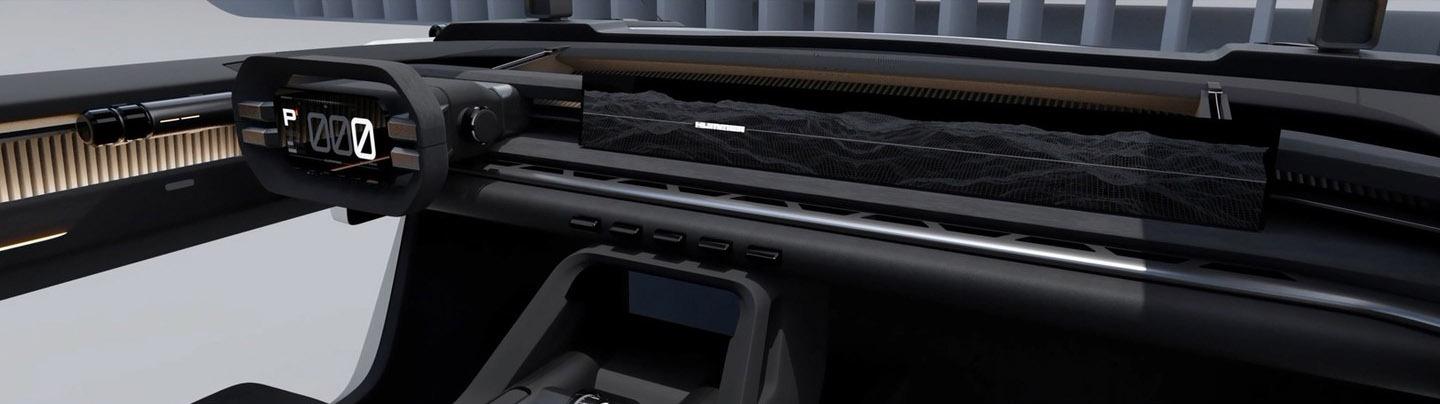 Futuristic car interior with digital dashboard.