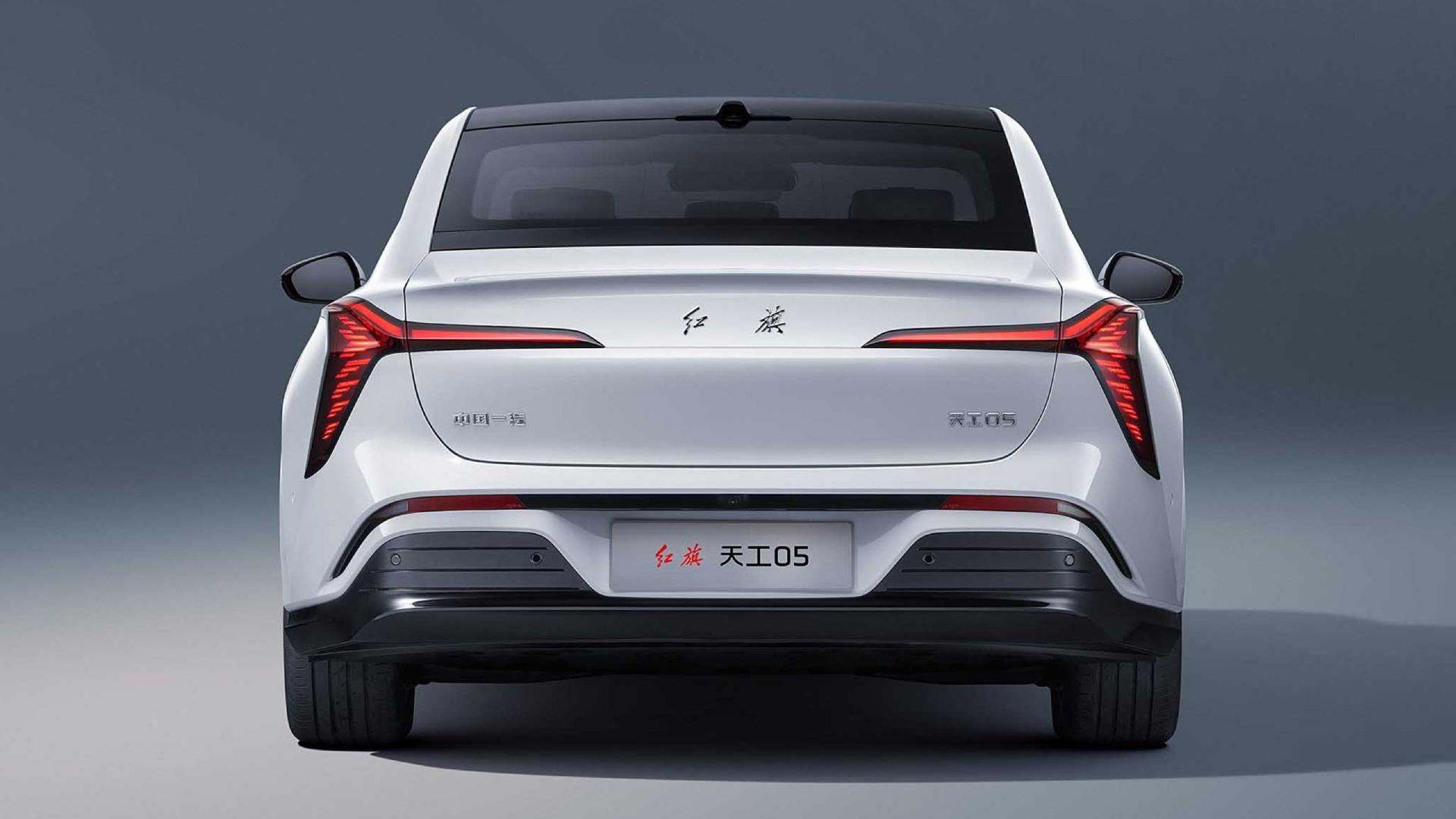 Rear view of a white Hongqi electric sedan